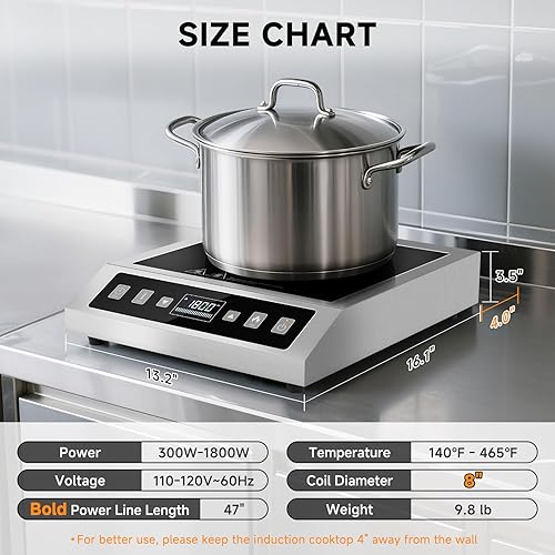 Miniatura 5 de AMZCHEF Cocina de inducción-Comercial Quemador de inducción de 1800 W con bobina de calefacción grande de 8 pulgadas, placa caliente portátil con 8
