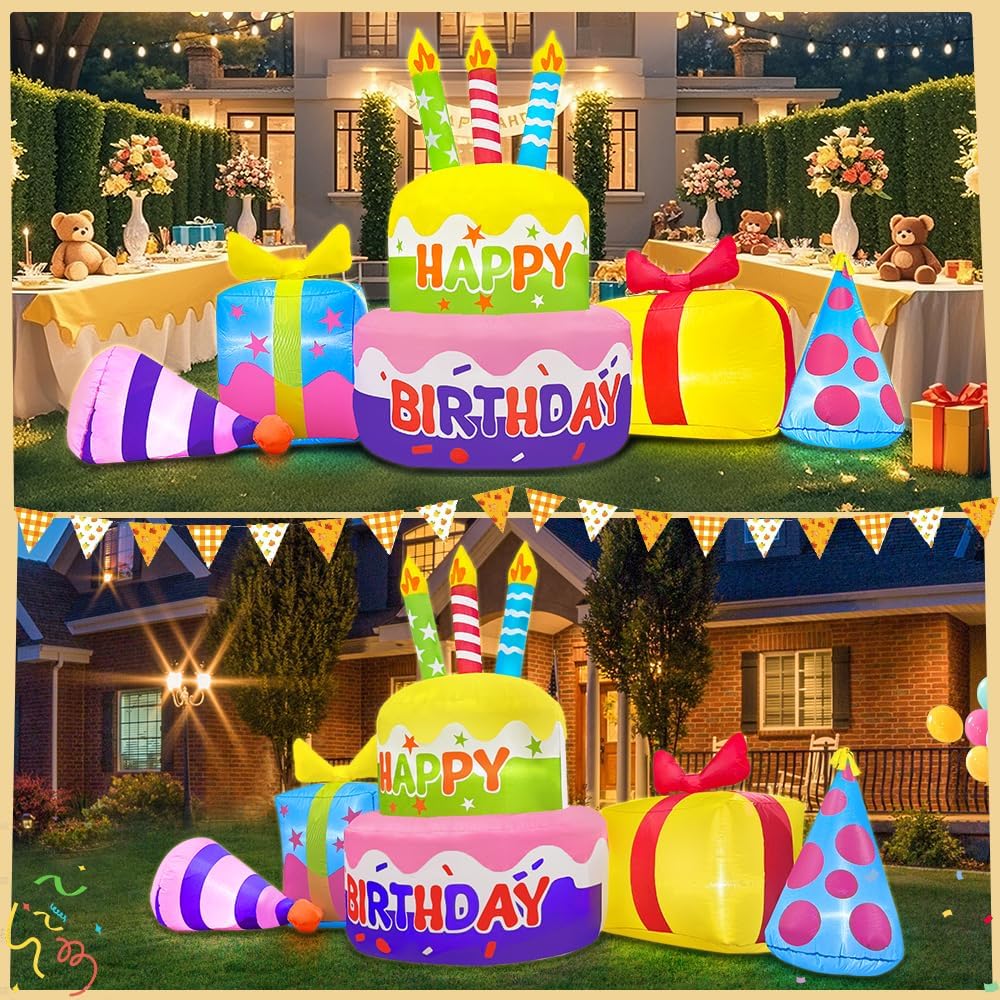 8FT Inflatable Happy Birthday Cake Decoration with Candles Blow up Outdoor Yard Decorations, Built-in LED Lights for Holiday Party Garden Lawn Indoor Home Celebration