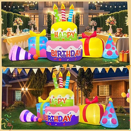 Miniatura 2 de Decoración inflable para pastel de cumpleaños de 8 pies con velas inflables para exteriores, luces LED integradas para fiestas de vacaciones,