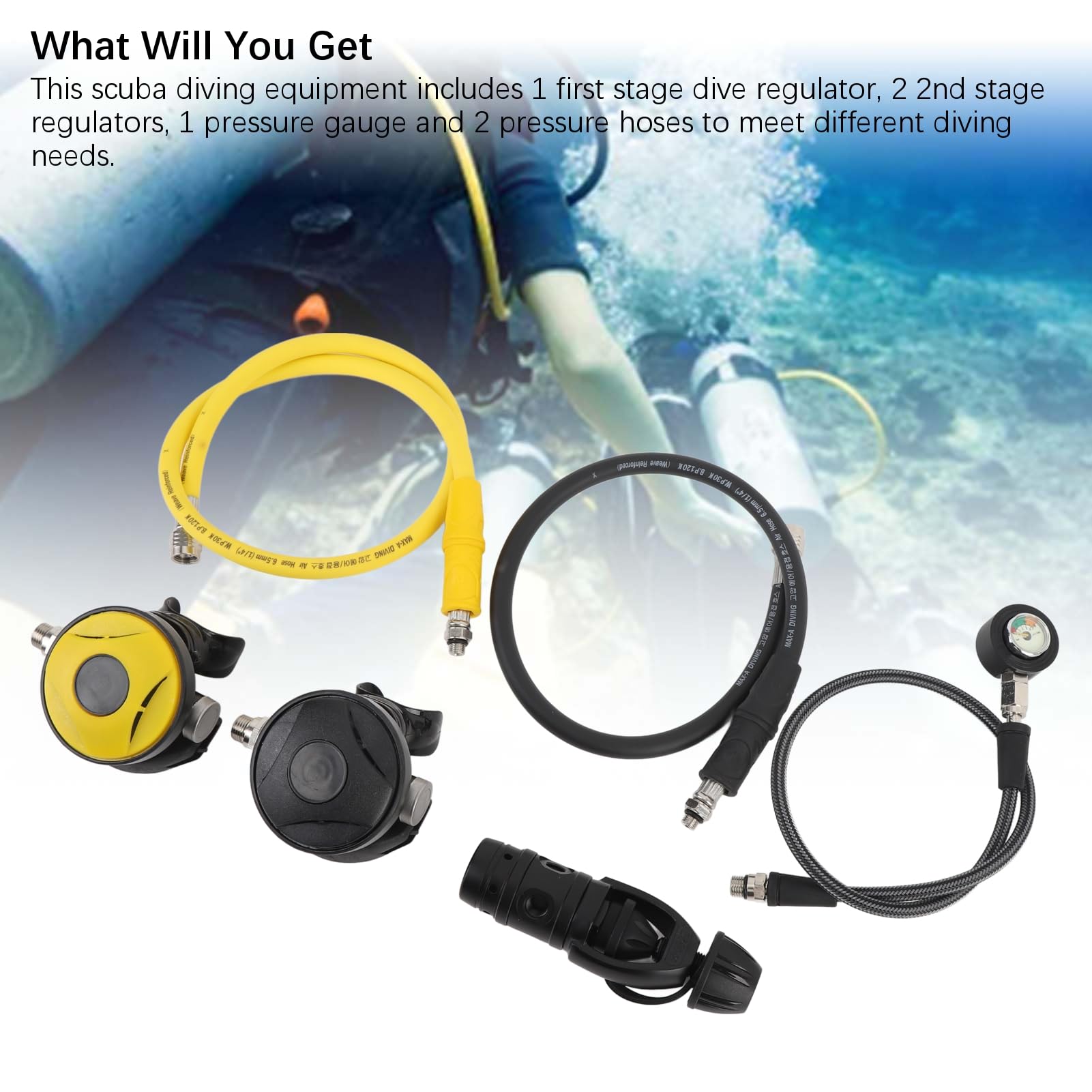 RiToEasysports Regolatore di Immersione, Set di Regolatore con Lega di Alluminio, 2 Calibri, 2 Tubi per Respirazione Subacquea, per Diving, Snorkeling, e Acquapazza