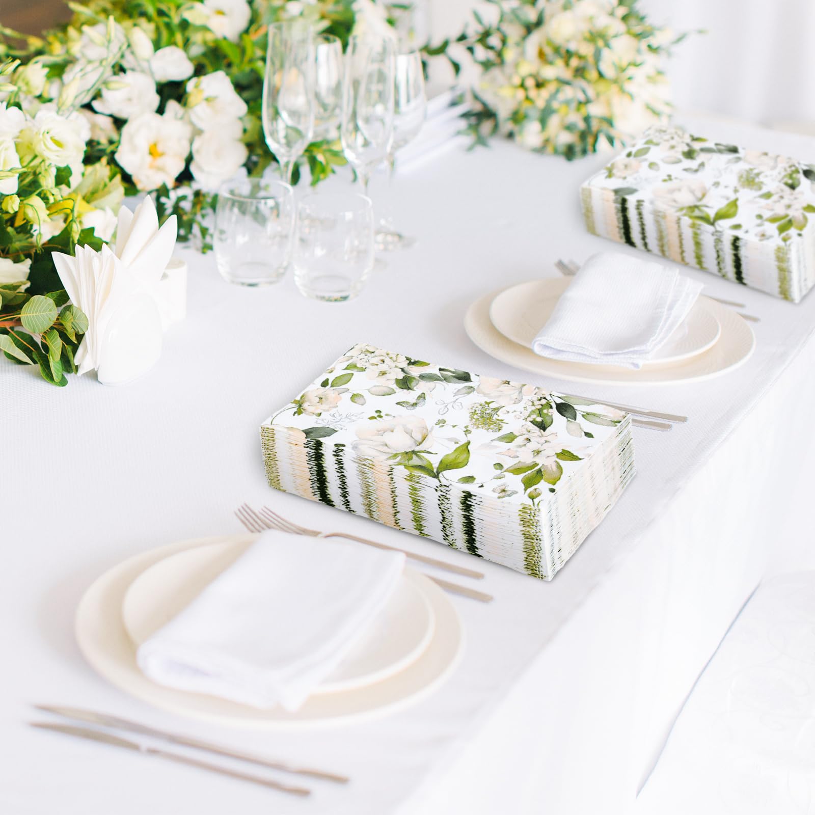 100 Stück Blumen-Servietten Salbeigrün & Weiß – 3-lagige Papierservietten Für Hochzeit, Baby-Shower, Geburtstag & Feiern
