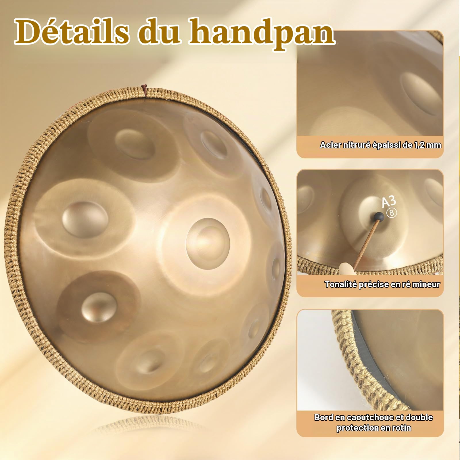 Zannefoo Handpan Drum, Or Steel Hand Pan Tongue Drum D Minor 22 Pouces 10 Tons 432 Hz pour Yoga, Méditation avec Sac à dos, Maillets, Support de Batterie, Chiffon