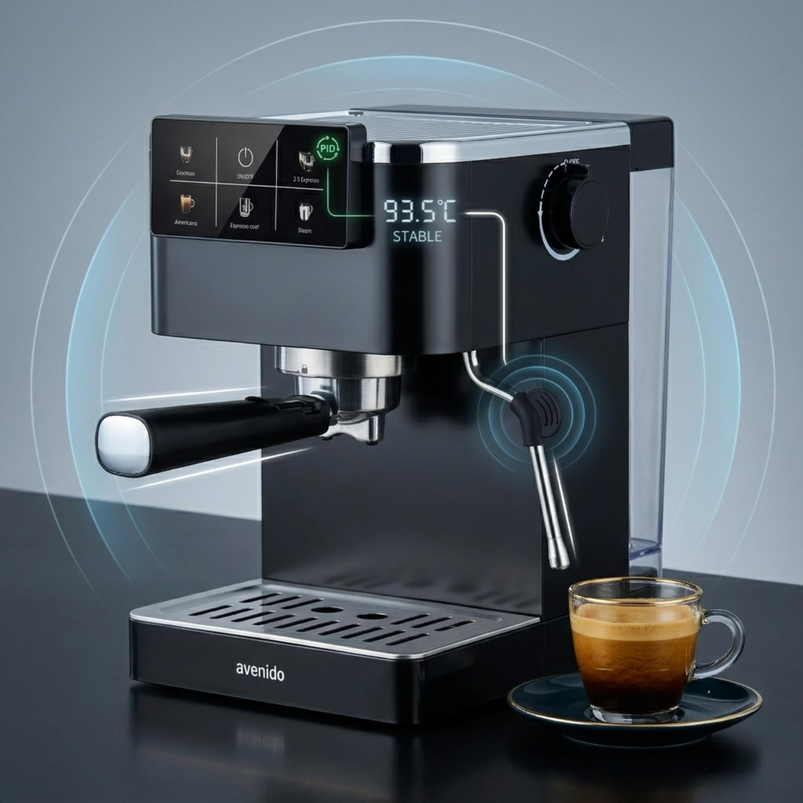 Ekspres do kawy ciśnieniowy, 20 bar, kolbowy do kawy mielonej, system spieniania mleka, 5 programów, espresso, podwójne, amerciano, espresso cool, spienianie mleka, 2 sitka, czarny