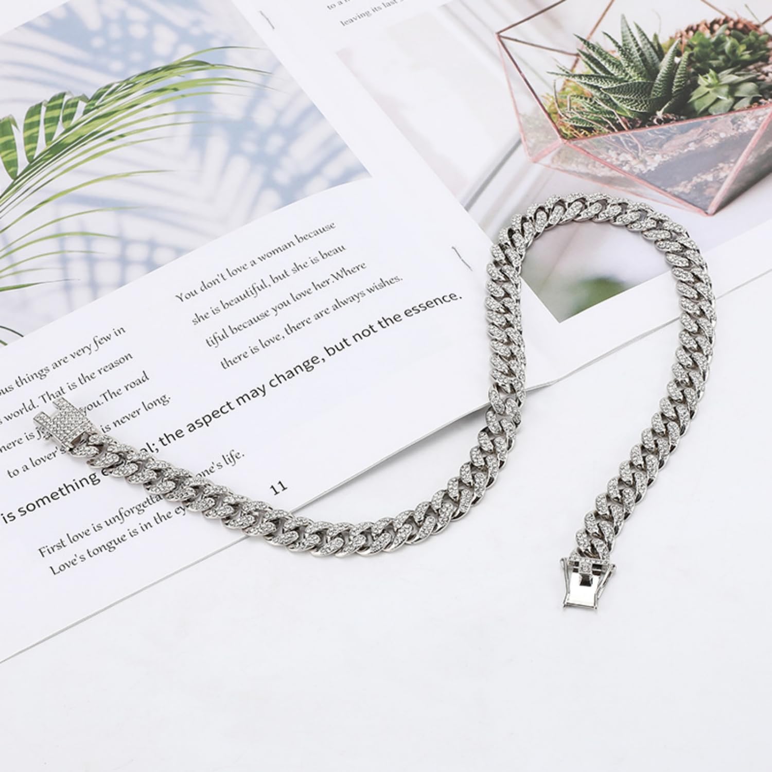 Bling Diamond Cuban Link Metal Cat Dog Chain Pet Crystal Collar- Hip-Hop Style Pet Necklace for Dogs & Cats (Silver) - Image 3