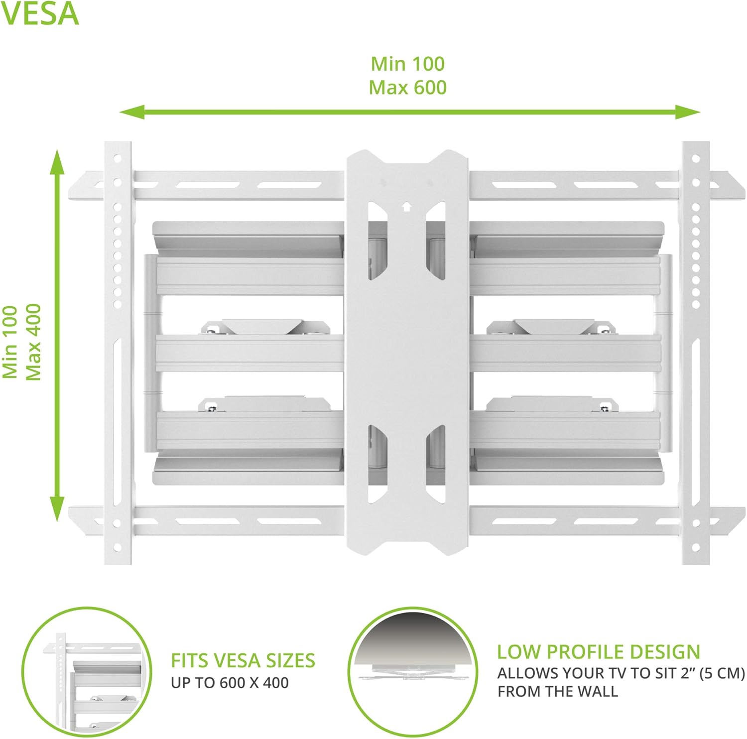 Kanto PDX650W Full Motion Articulating TV Wall Mount for 37-inch to 75-inch TVs | Low Profile with 22" Extension | Integrated Cable Management | Swivel and Tilt Capable | White