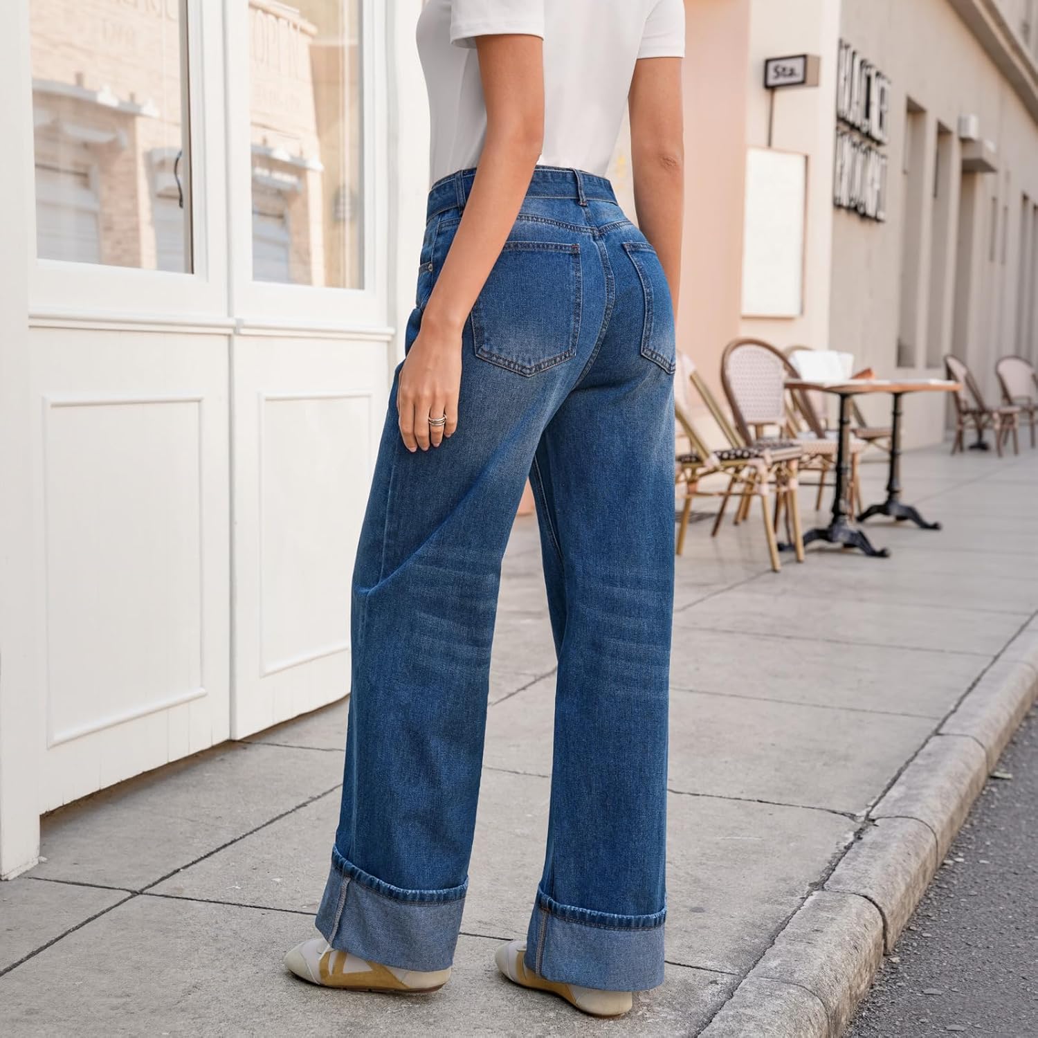 Tankaneo Womens Wide Leg Cuffed Jeans Trendy High Waisted Baggy Boyfriend Casual Denim Pants with Belted - Image 3