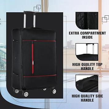 RMW Lightweight Soft Shell Suitcase Luggage Checked in Trolley Medium 24’’ Expandable Suitcases 3 Combination Lock with 4 Dual Spinner Wheels Telescopic Handle (Black)
