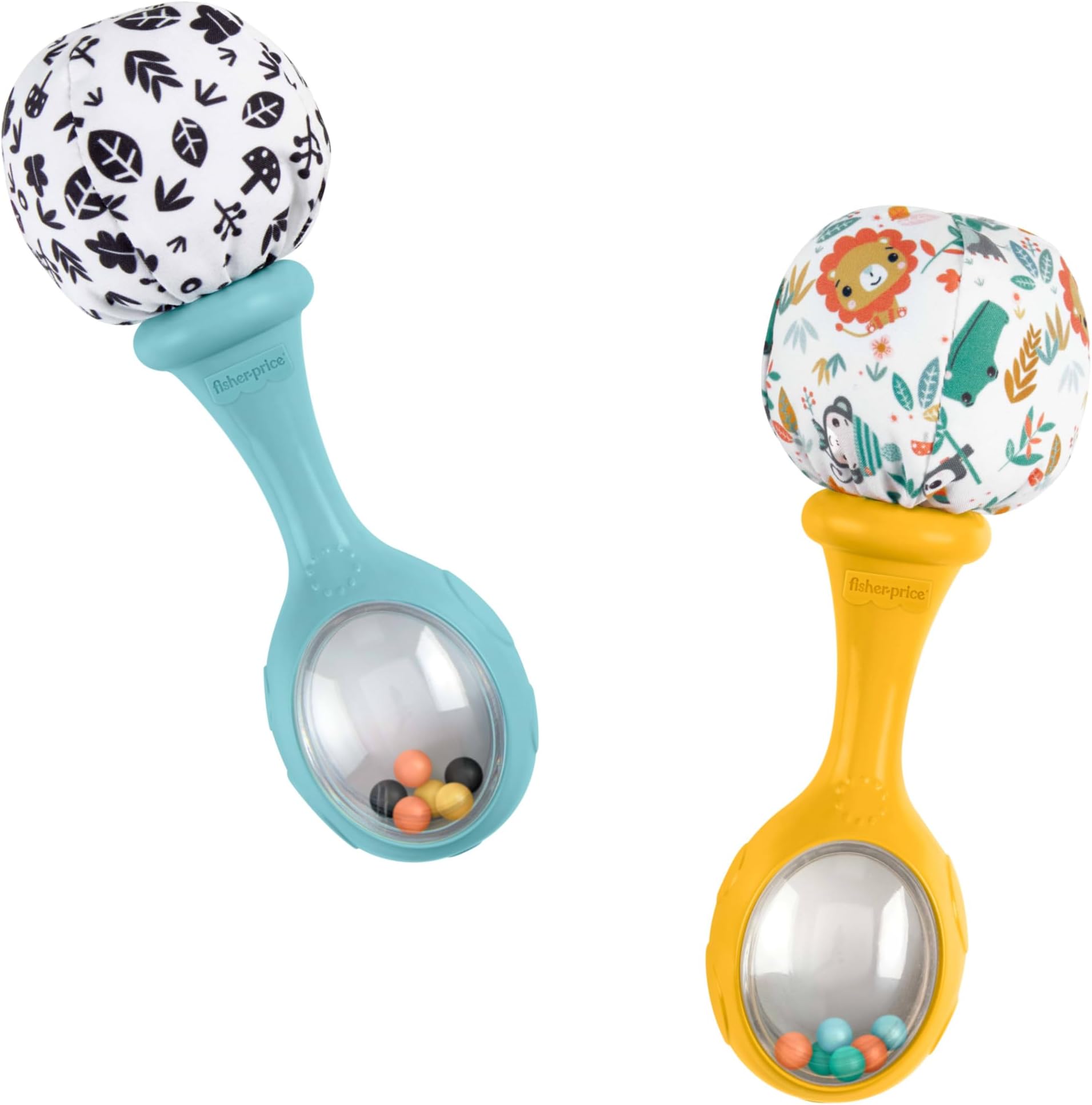 Fisher-Price Rattle ‘n Rock Maracas Set, Newborn Toys | 2 Baby Rattles with Soft Pom Poms, Blue & Yellow, Gross Motor Skills & Sensory Play, Infants Ages 3+ Months, HMF34