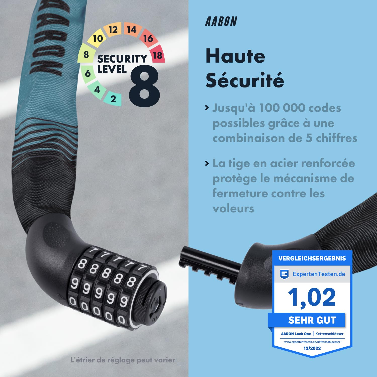 AARON - Antivol pour vélo Lock One à Combinaison à 5 Chiffres - Chaine en Acier/Niveau de sécurité élevé - pour vélo électrique/VTT/VTC/vélo de Ville/vélo de Course/véhicule électrique