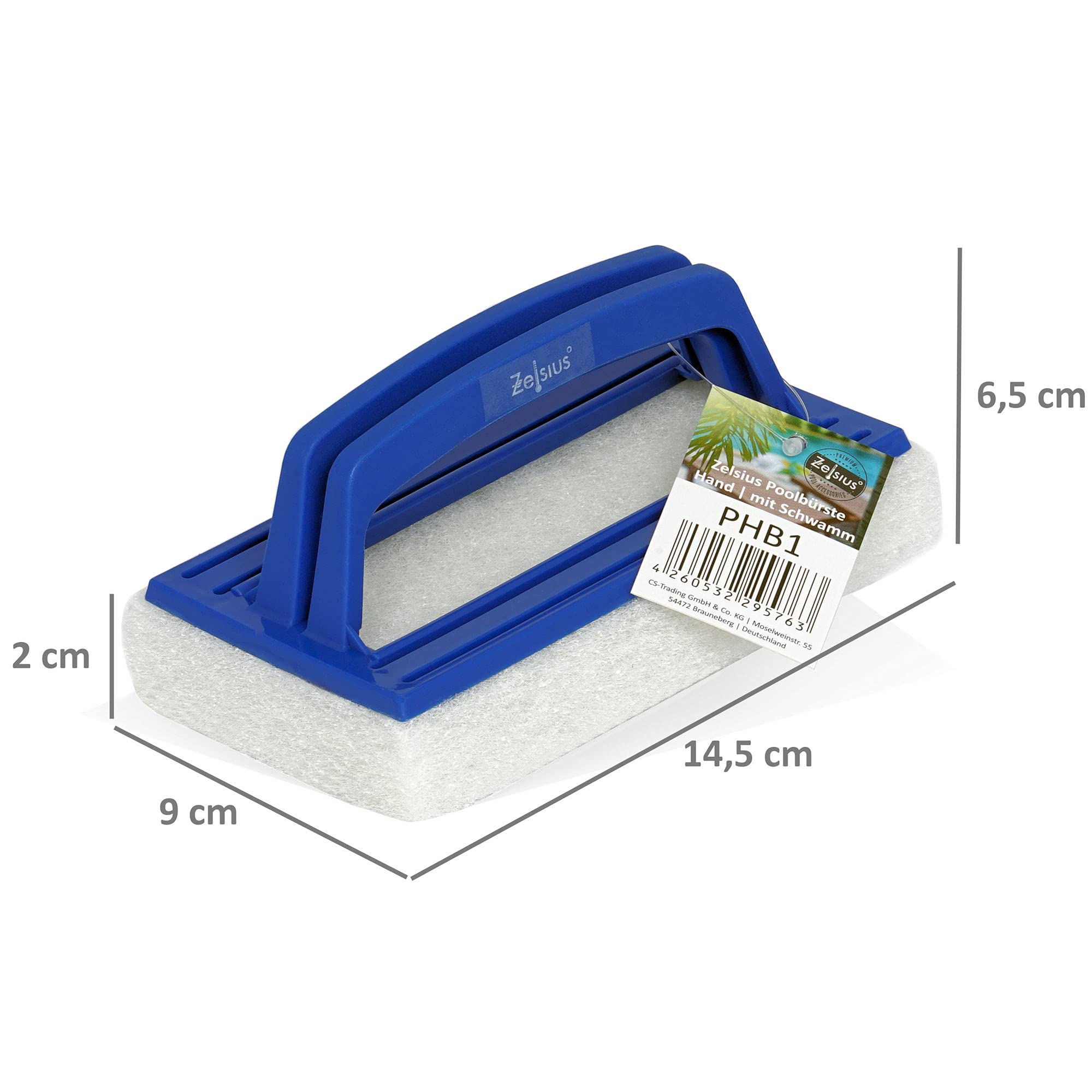 Zelsius Gąbka do basenu z uchwytem | 14,5 x 9 x 6,5 cm | szczotka ręczna do basenu z gąbką | szczotka do podłogi, szczotka do czyszczenia basenów | szczotka do czyszczenia krawędzi basenu, szczotka do alg, szczotka do szorowania rąk