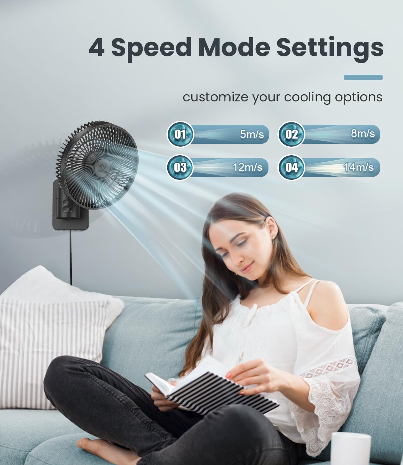 LEMOISTAR - Ventilador pequeño de 8 pulgadas con control remoto, oscilación de 90°, 4 velocidades, 4 temporizadores, inclinación ajustable, cable de 70 pulgadas, silencioso, para recámara en esquina