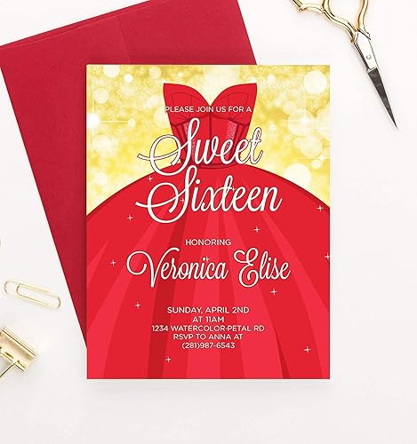 Miniatura 2 de Sweet 16 Invitations Red and Gold, Personalized Sweet 16 Invites with Envelopes, Red and Gold 16th Birthday Invitations for Girls, Your choice of