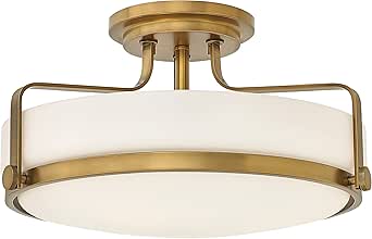 Hinkley Harper Medium Semi-Flush Mount Ceiling Light, Sleek, Retro Style, Etched Opal Glass, Heritage Brass Finish