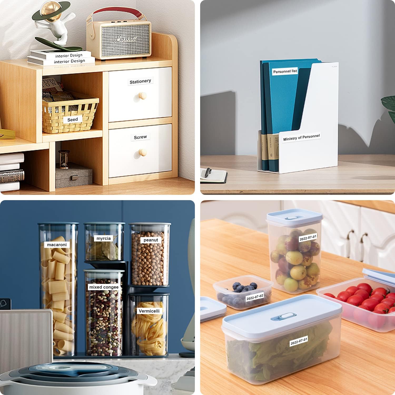 Examples of labels used for organizing office items and food containers.