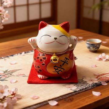 5 Pcs Ceramics Maneki Neko Lucky Fortune Cat Figurines Good Luck Collectible Figurines Smiley Waving Upright for Office Desktop Home Car Decor