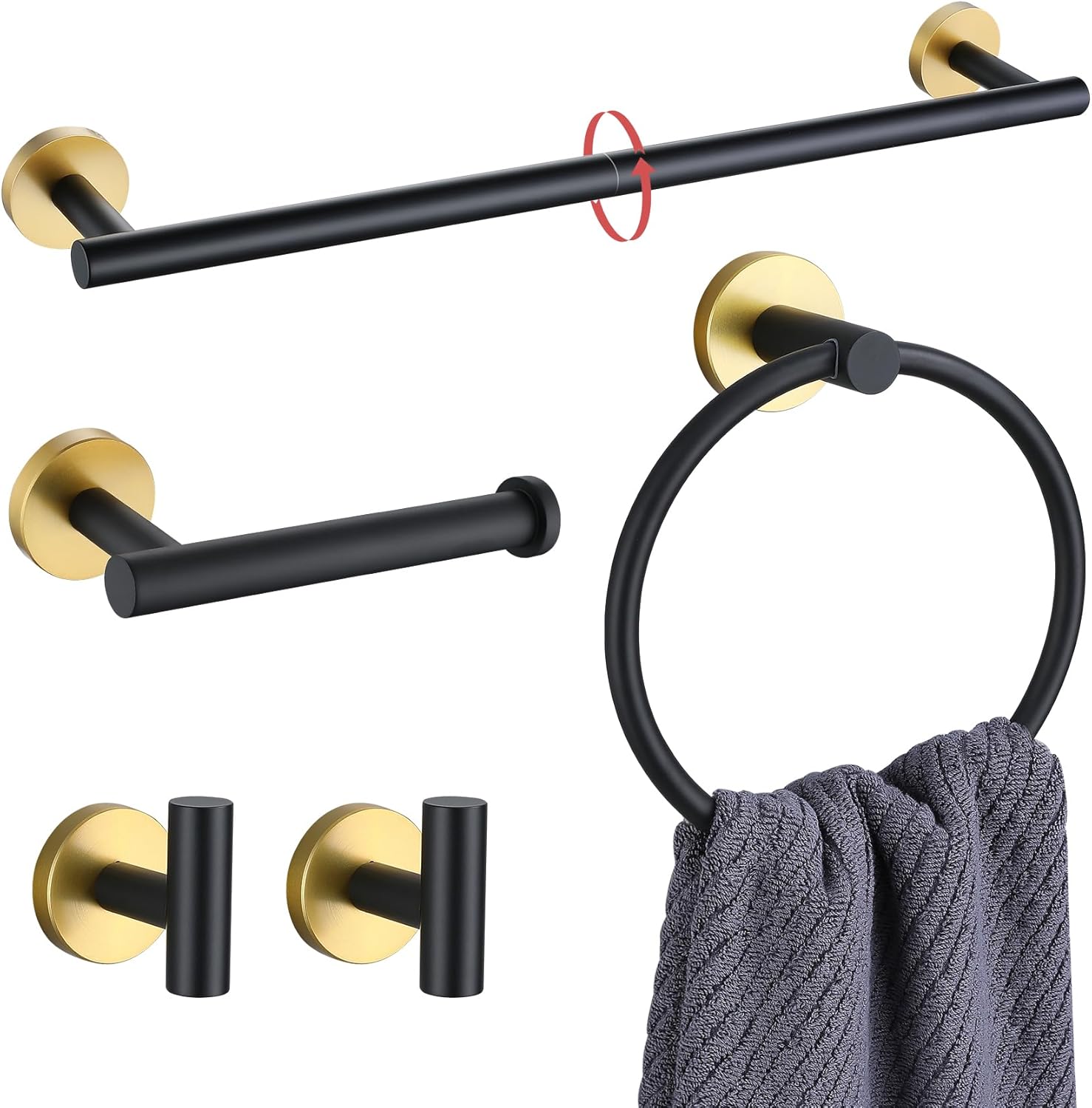 Lairuier Black and Gold Bathroom Hardware Accessories Set, 5 Pieces Towel Bar Set Stainless Wall Mounted Adjustable Towel Bar Set (Black Gold) Thumbnail