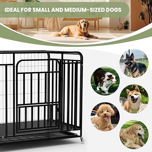 Miniatura 3 de Jaula de perro resistente de 42 pulgadas, jaula indestructible a prueba de escapes para perros grandes con puertas dobles, ruedas y bandeja