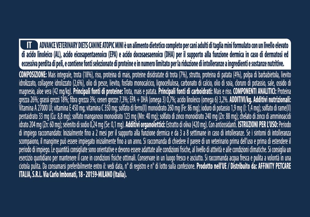 Advance Veterinary Diets Atopic Mini Cibo per Cani con Dermatite Atopica Trota 1,5kg