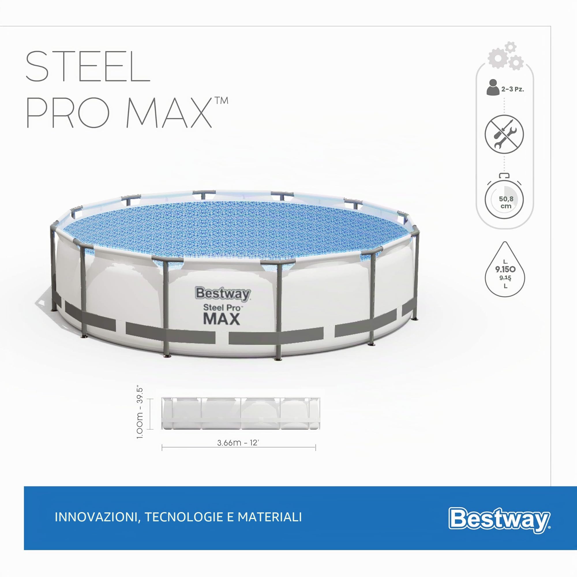 Bestway Steel Pro MAX - Set piscina con pompa filtro, Ø 366 x 100 cm, colore: Grigio chiaro
