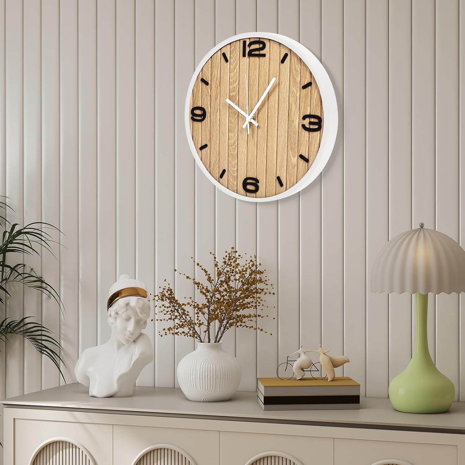 Round Wall Clock Battery Operated, Modern Wooden Small Analog Clocks 12 Inch Silent Non-Ticking for Home, Office, Apartment, Living Room, Bathroom, Kitchen, Bedroom