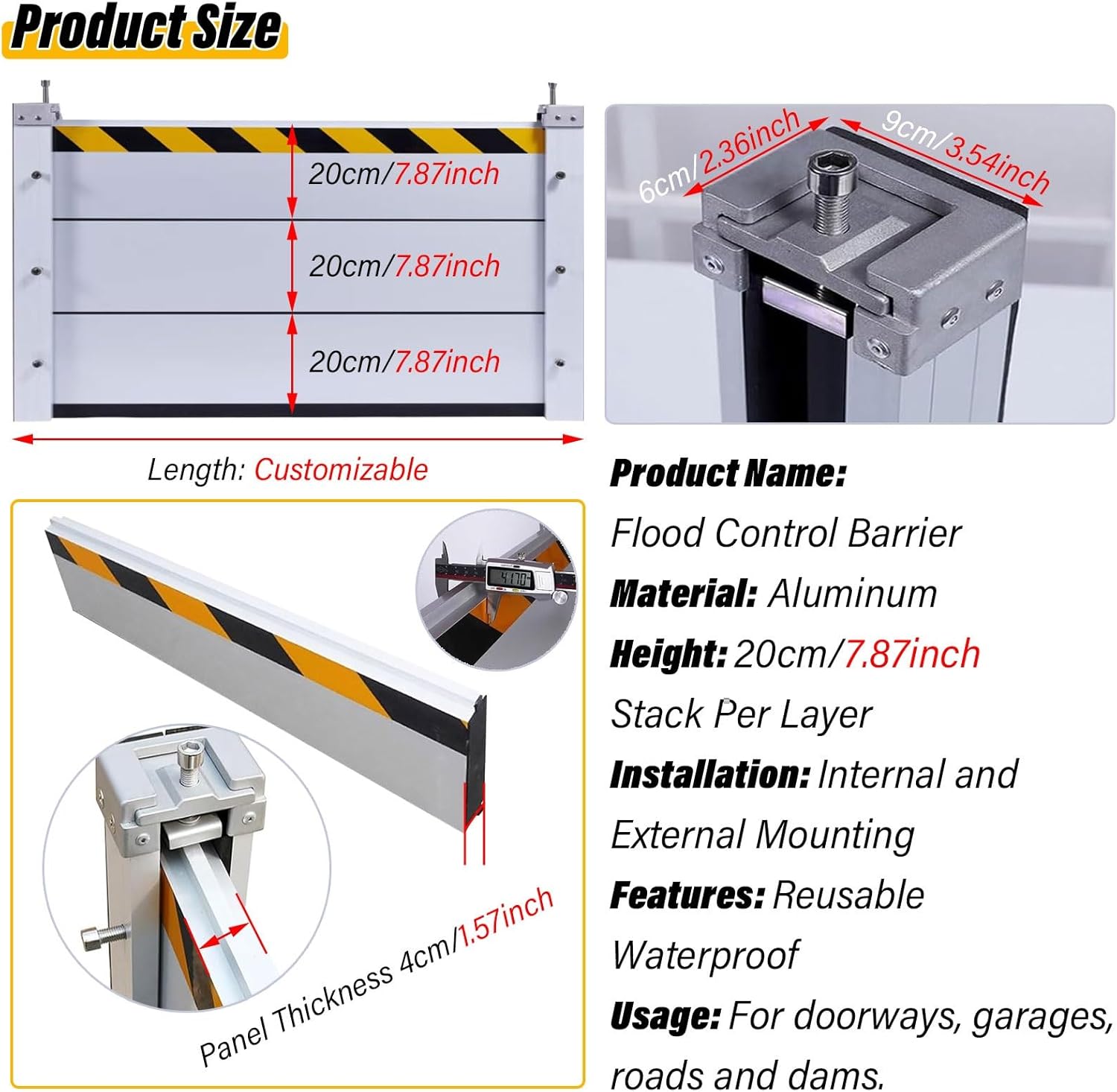 Temporary Reusable Aluminum Flood Barrier, Commercial Home Weatherproof Shield for Driveway, Warehouse, Garage, Size L95cm