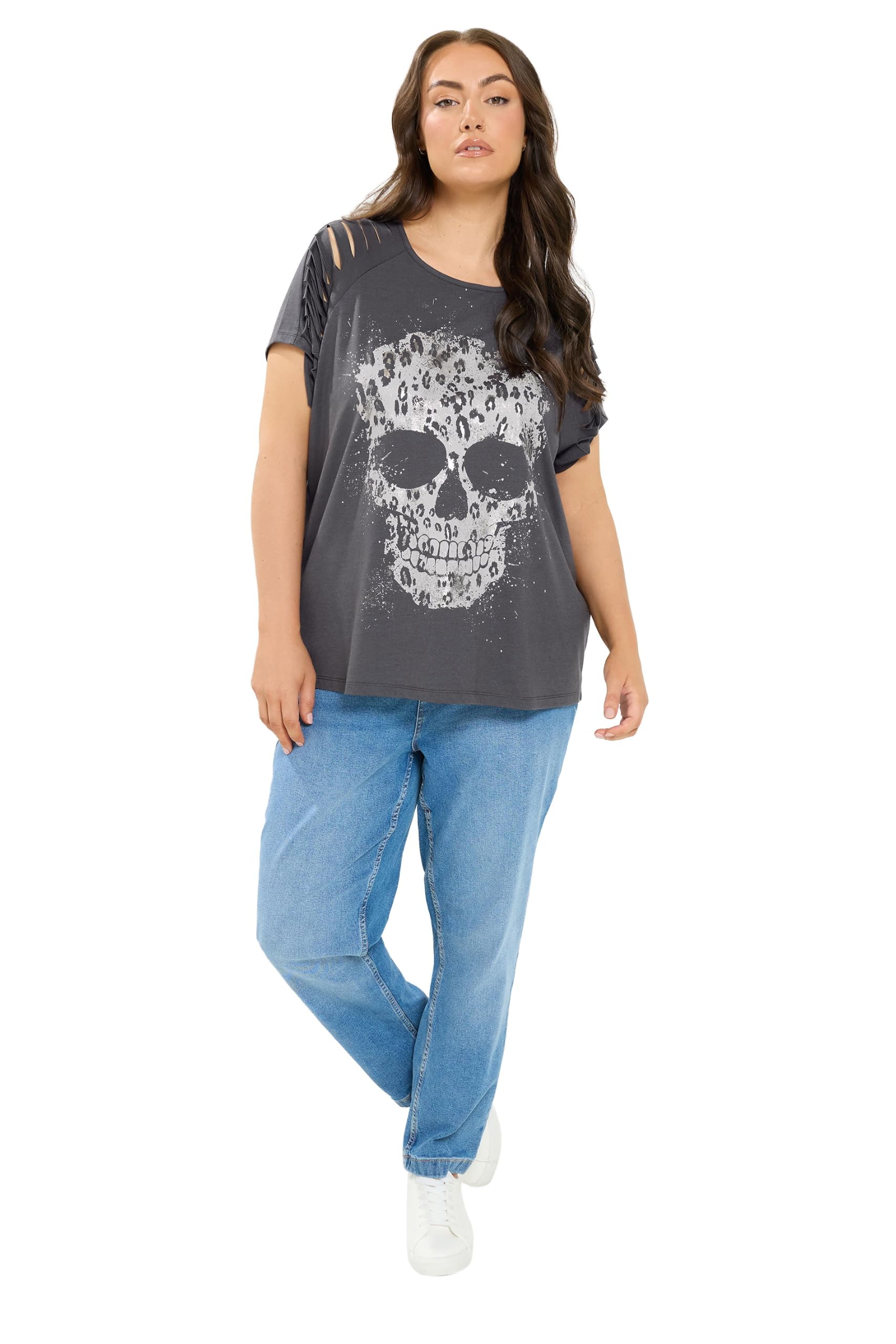 Yours Women's Grey Skull Print Laser Cut T-Shirt In | Size: 20