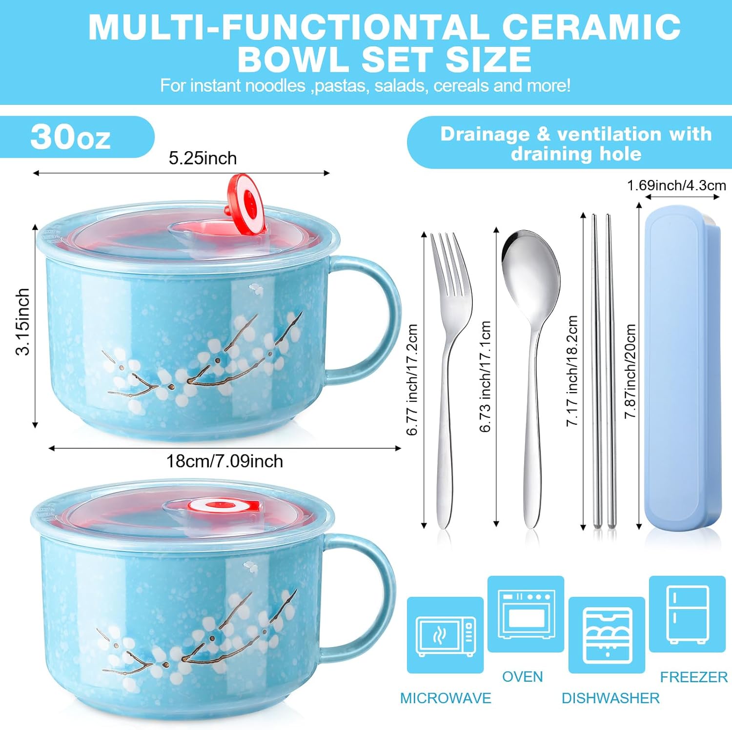 Tanlade 2 Pcs 30 oz Ceramic Soup Bowl with Lid and Handle Snow Flake Blossoms Cherry Pattern Microwave Soup Mug Instant Noodles Cup,2 Sets Stainless Utensils Fork Spoon Chopsticks with Case(Blue)