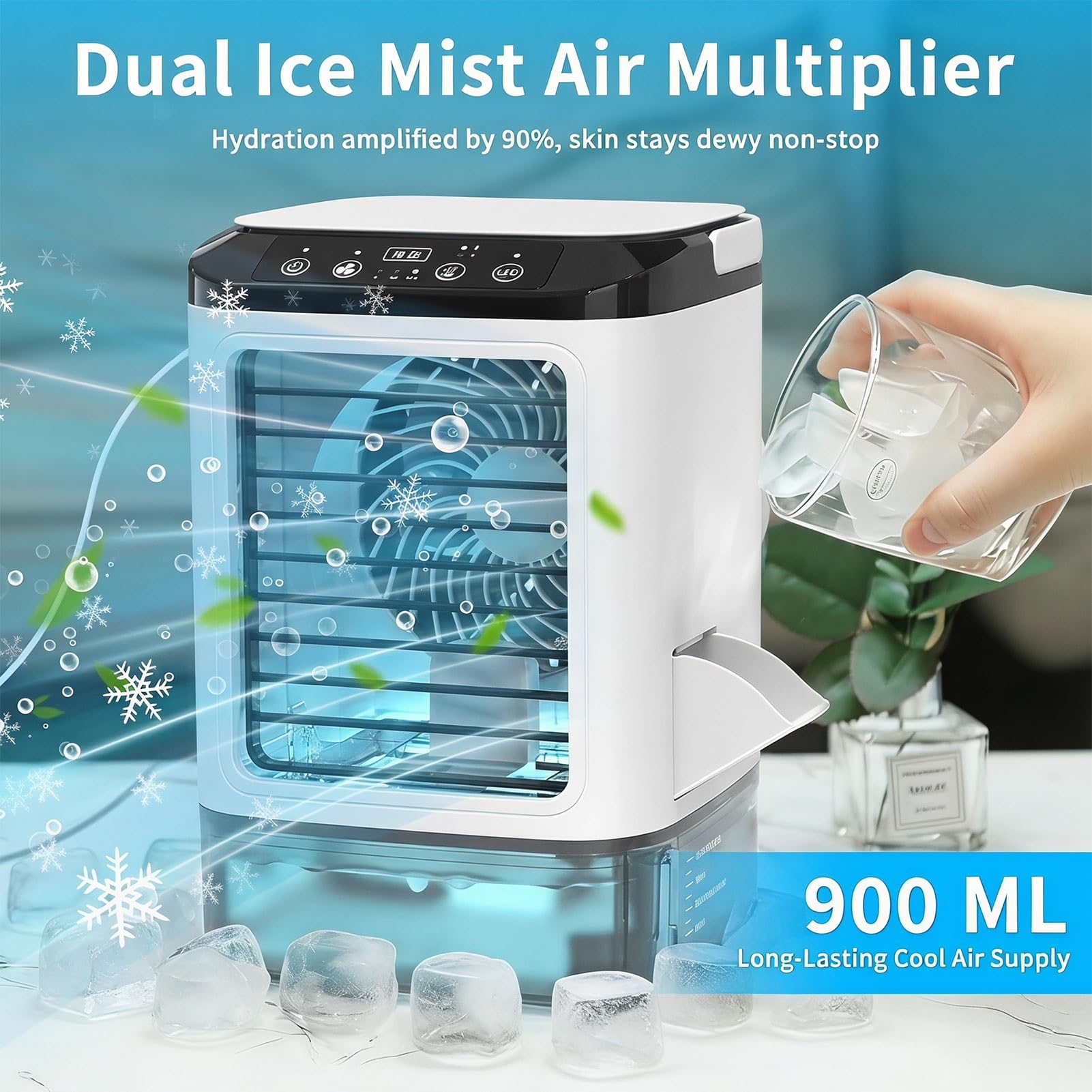 Aire Acondicionado Portátil, Mini Enfriador de Aire Evaporativo de 3 Velocidades, 900ml Tanque, Pulverización, Silencioso Air Conditioner para Hogar, Oficina y Exteriores.