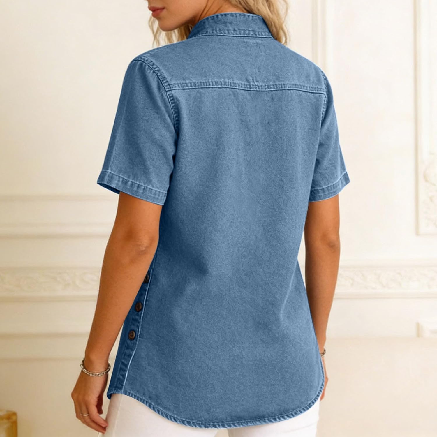 Womens Denim Henley Shirts Button Up V Neck Short Sleeve Tunics Blouses Casual Loose Fit Side Split Button Jean Tops