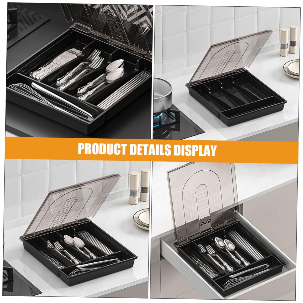 Contenedor de Cubiertos Dividido Negro de PP y Pet para Cocina