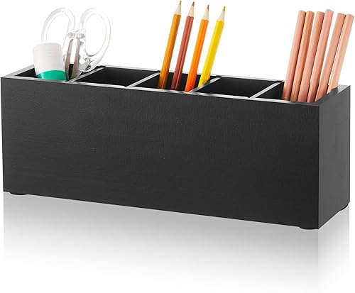 Jetec Portalápices de madera, 5 compartimentos para escritorio, soporte ajustable para bolígrafos, organizador de escritorio de oficina de madera y