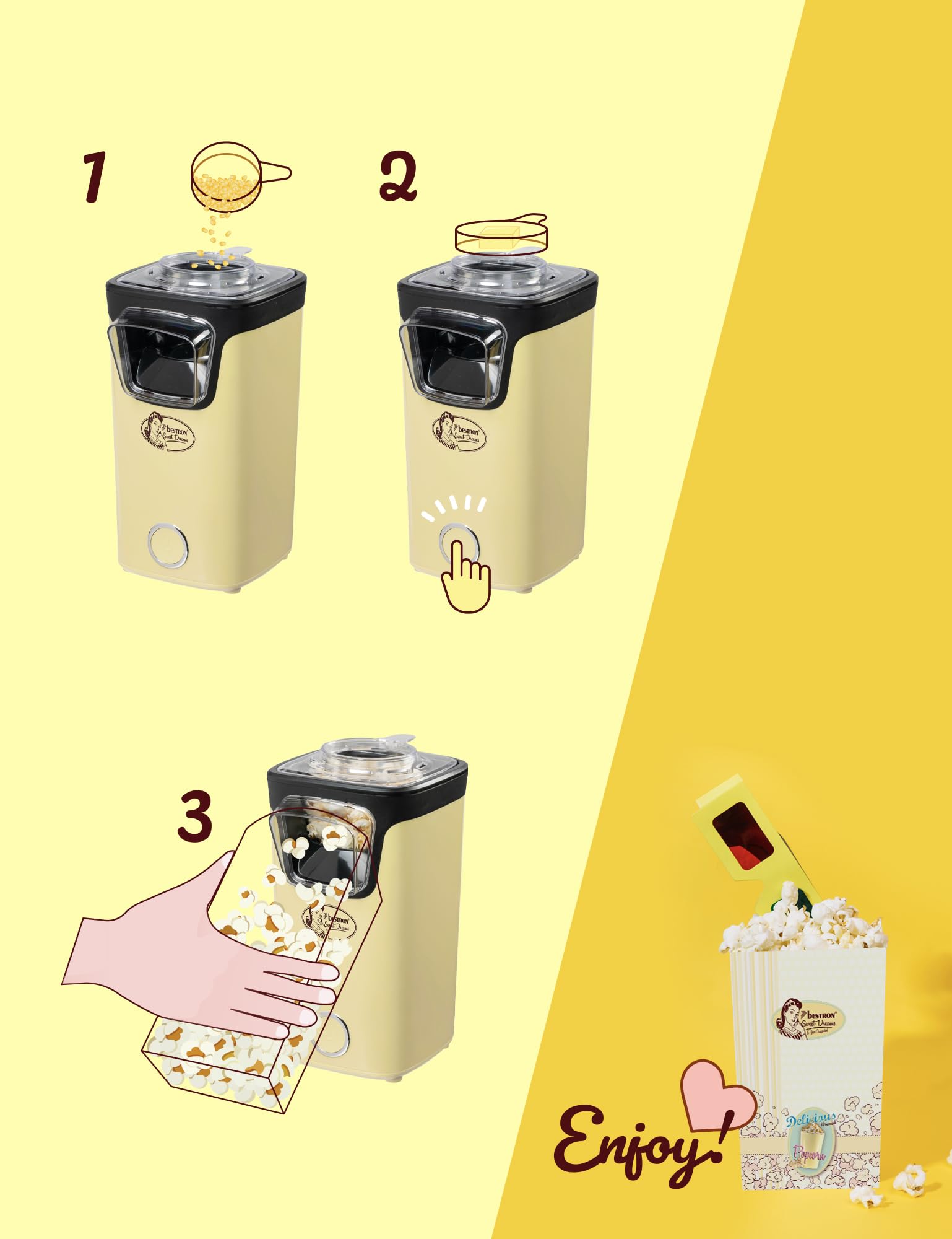 Bestron Palomitero, Turbo-Palomitas en menos de 2 minutos, con tecnología de aire caliente, incluye 10 bolsas de palomitas y taza medidora integrada, colección Sweet Dreams, Color: Amarillo