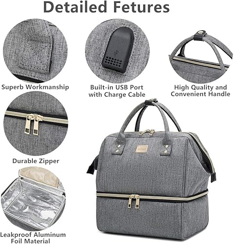 Miniatura 5 de Weitars Bolsa de almuerzo para mujer, lonchera aislada de doble compartimento, diseño de gran apertura con correa para el hombro, mochila de