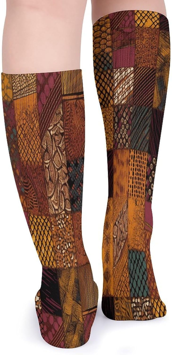 African Style Patchwork Knee High Socks Cozy Knee High Socks Soft Mid-Length Sock for All Seasons Daily Wear Adult