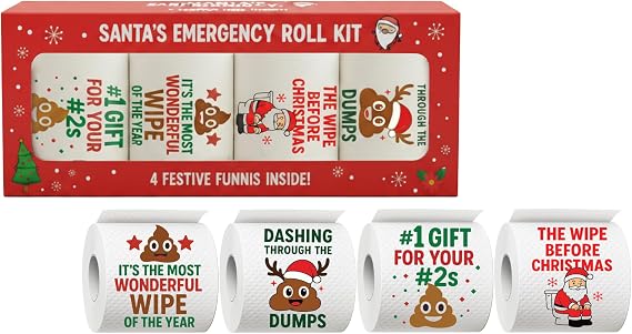 Christmas Toilet Paper Roll Pack of 4 with Gift Box Holiday Gag Gifts, Funny Christmas Gifts, Perfect for White Elephant and Holiday Parties - Novelty, Santa, Xmas, Grinch and Funny Toilet Paper