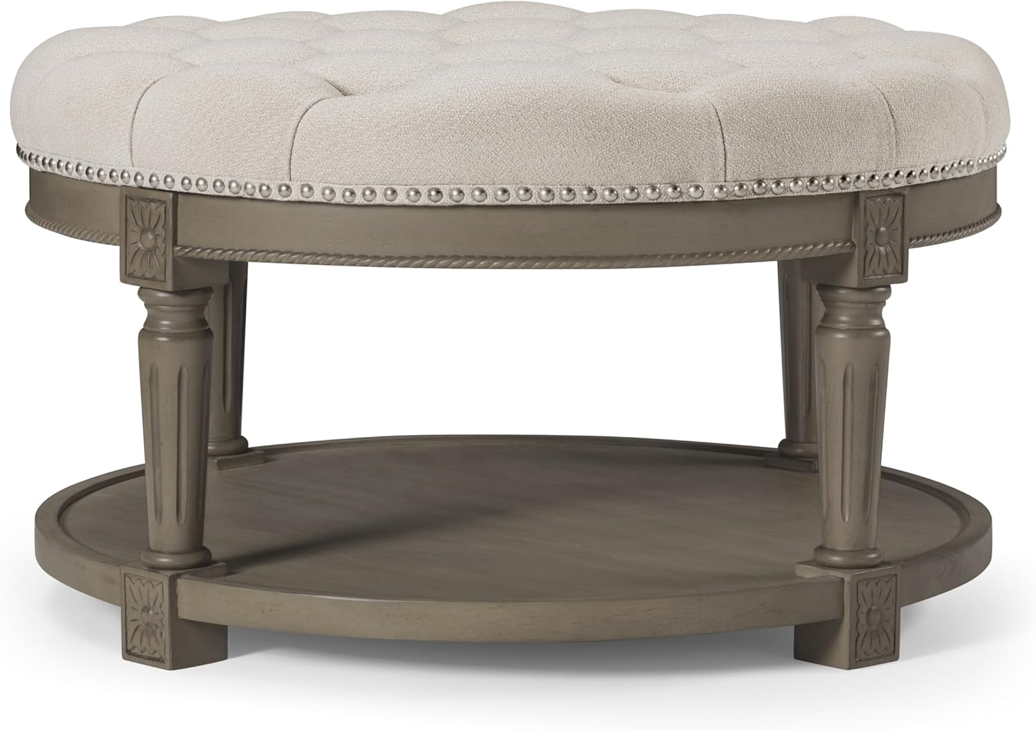 Maven Lane Mesa Coffee Table – 19 Inch Round Table – Grey Solid Wood and White Upholstery – Ideal for Display, Storage, and Seating