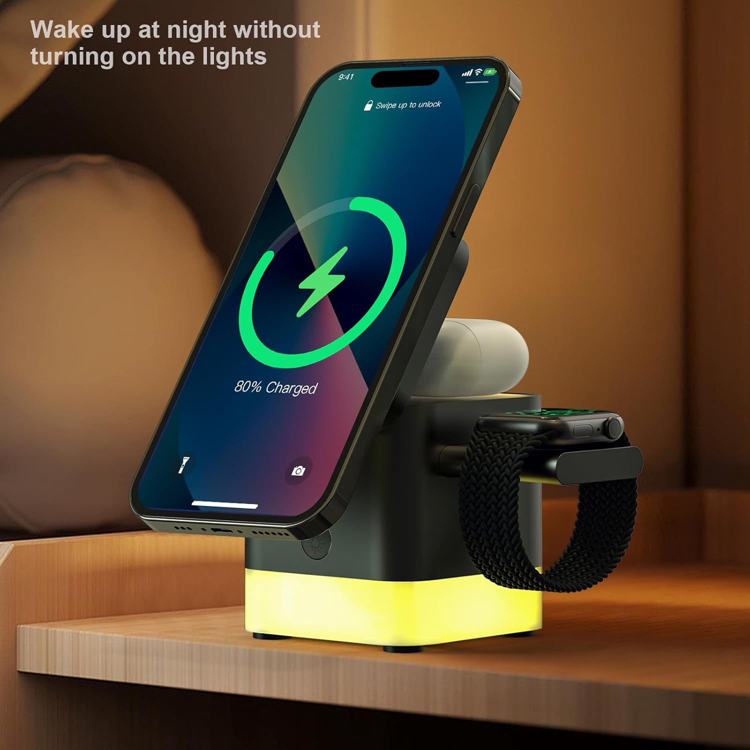 3 in 1 Cube Wireless Charger, Foldable Charger Stand, 15W Fast Wireless Charging Station for iPhone 15/14/13/12 Series, Apple Watch, AirPods (Black)