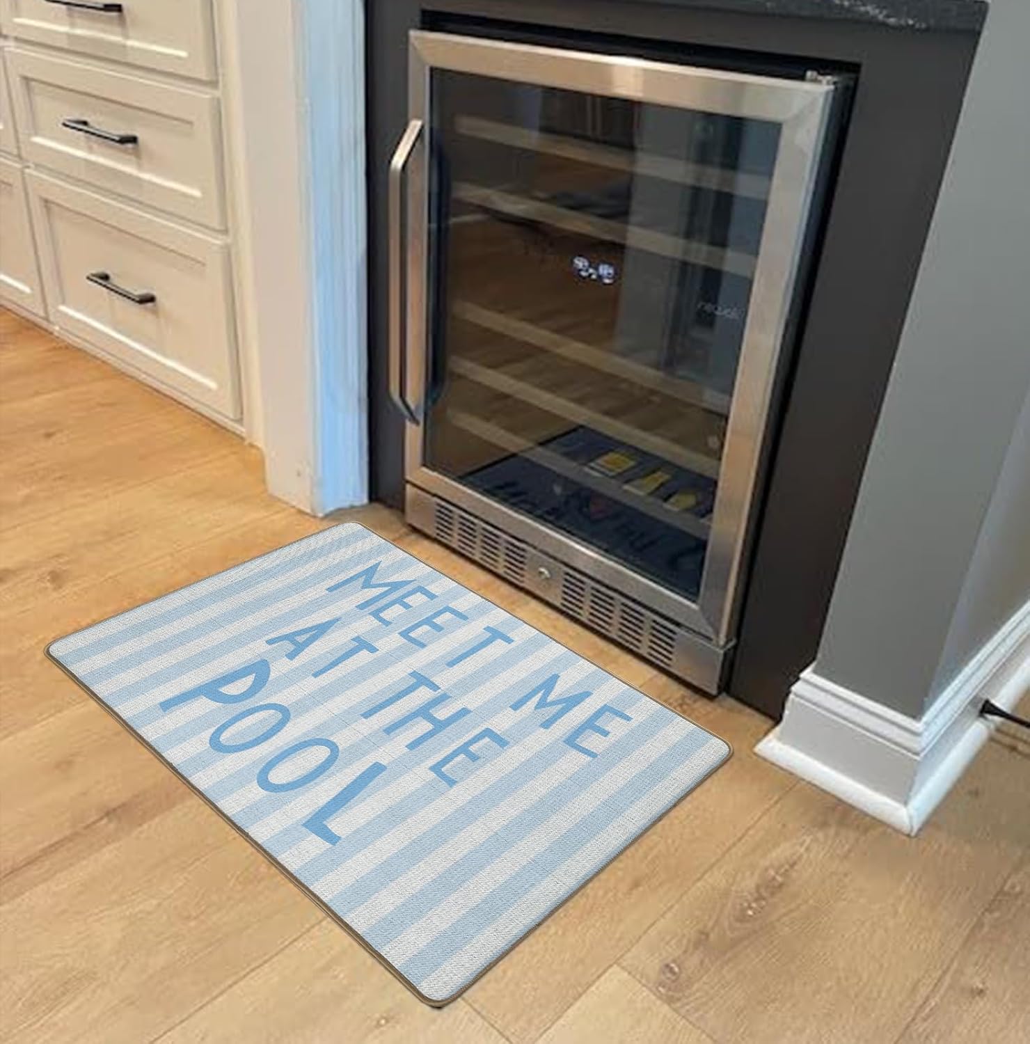 Blue Striped Preppy Beach Door Mat, Meet Me at The Pool Doormat Bathmat for Home Bathroom Indoor Outdoor Entrance Porch,17x30 Inches, Coastal Nautical Welcome Mats for Front Door Entryway