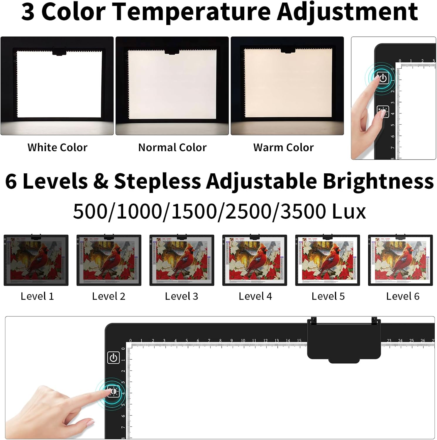 HIUKCOLED Rechargeable A3 Light Pad, Battery Powered Light Board with Foldable Stand, top Clip, 3 Colors/Stepless/6-level Brightness, Wireless LED Tracing Box for Diamond Painting,Drawing,Sketching