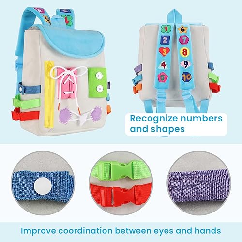 Miniatura 2 de Busy Board - Mochila para niños pequeños con hebillas y juguetes de actividades de aprendizaje, desarrolla habilidades motoras finas y habilidades