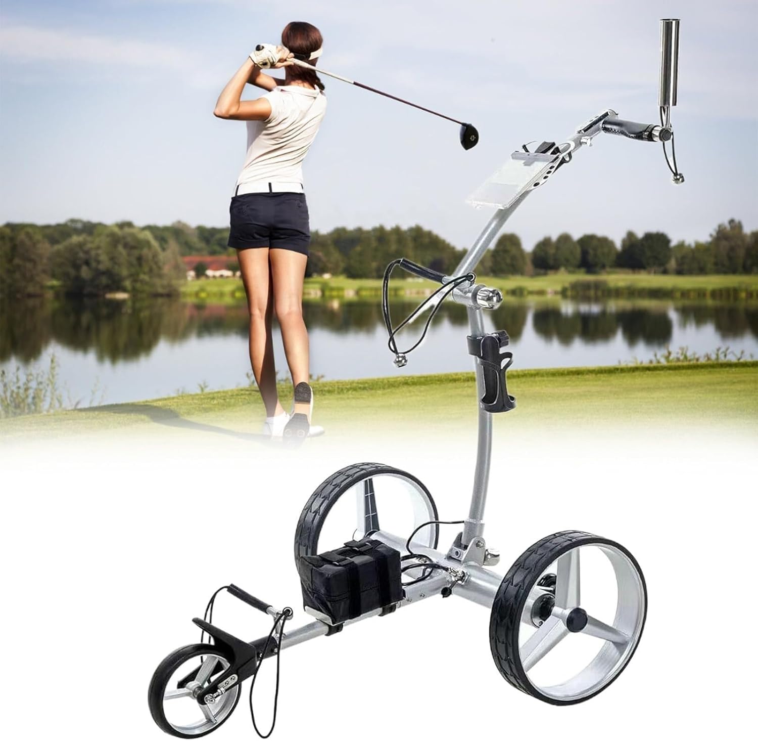 Portable Foldable Golf Trolley, Electric Golf Push Cart with Remote Control, Up to 30kg Load, 30° Climbing, 400W Dual Motor