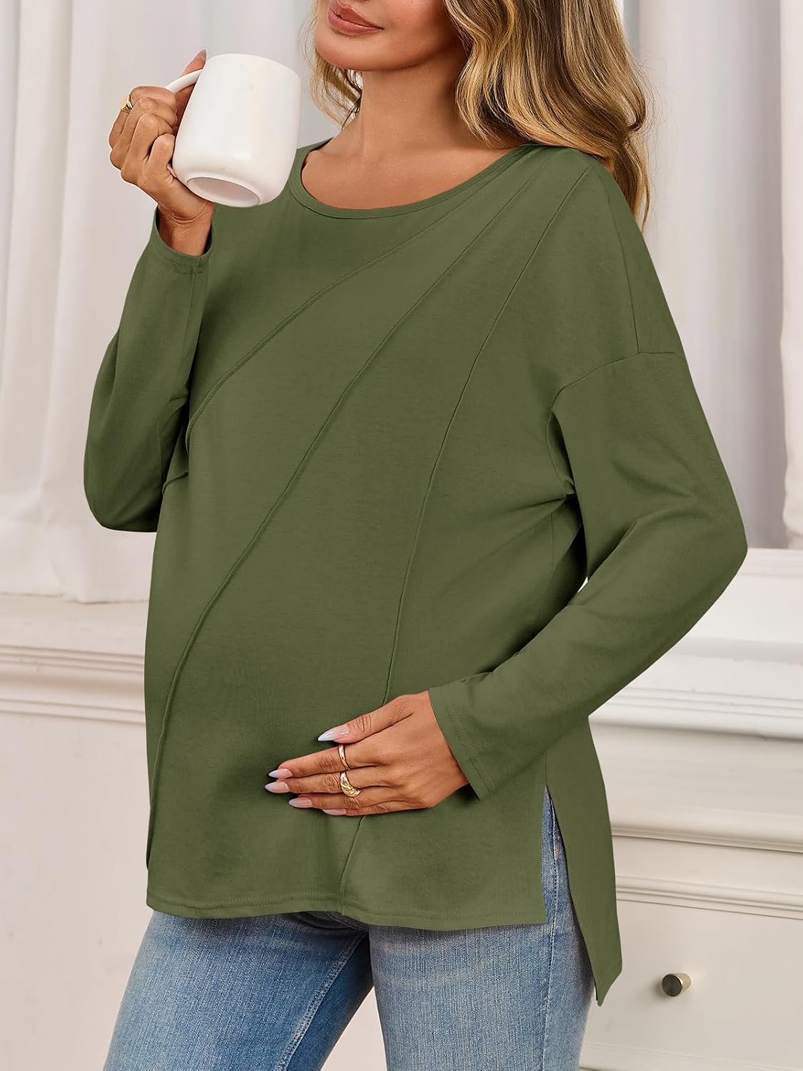 Tankaneo Womens Maternity Shirts Casual Crew Neck Long Sleeve Side Split Pregnancy Clothes Loose Fit Tunic Tops