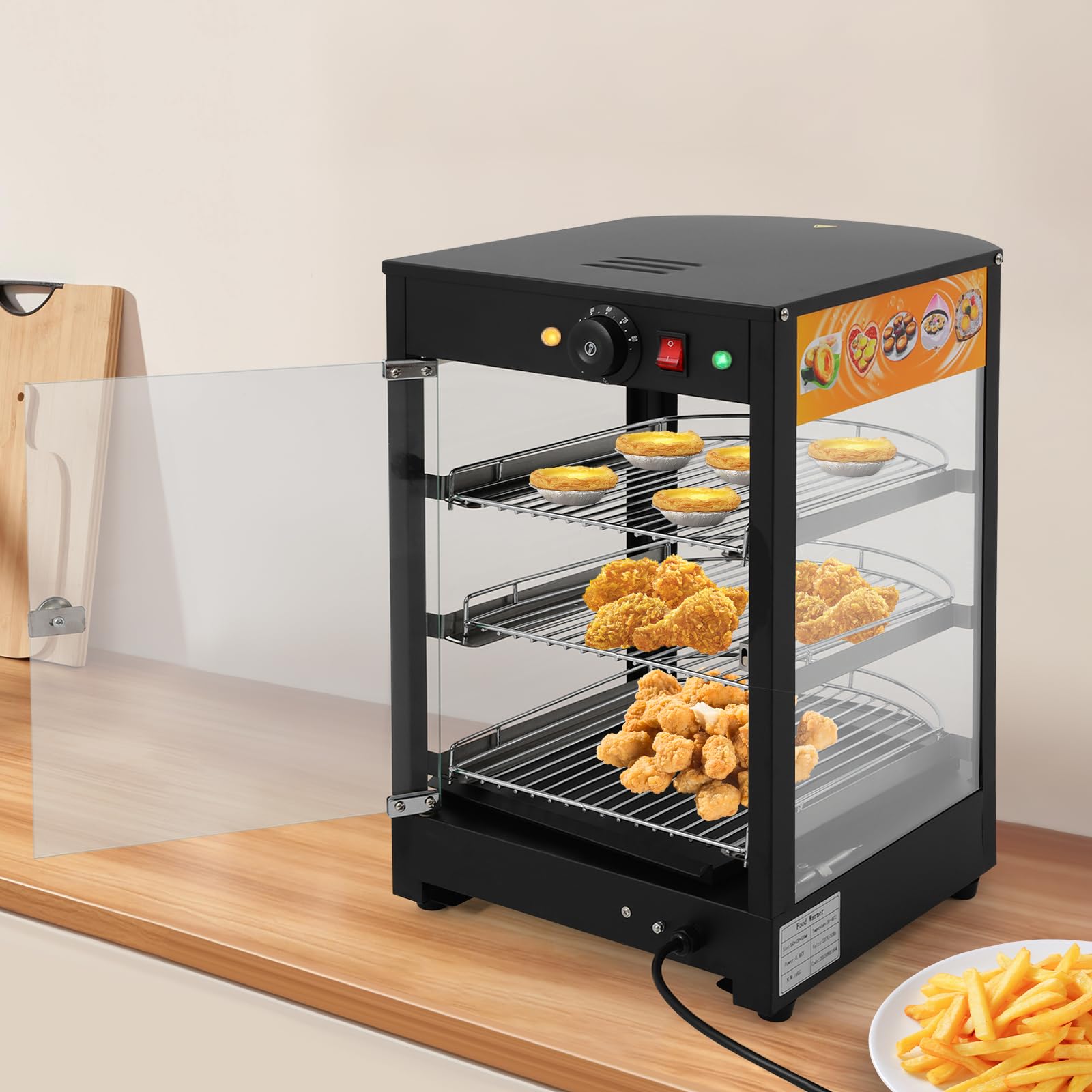 800 W 3 pisos calentador de alimentos eléctrico, 30 – 85 ℃ | Vitrina caliente para cafés, panaderías, tiendas de comestibles, 35 x 42 x 52 cm, color negro