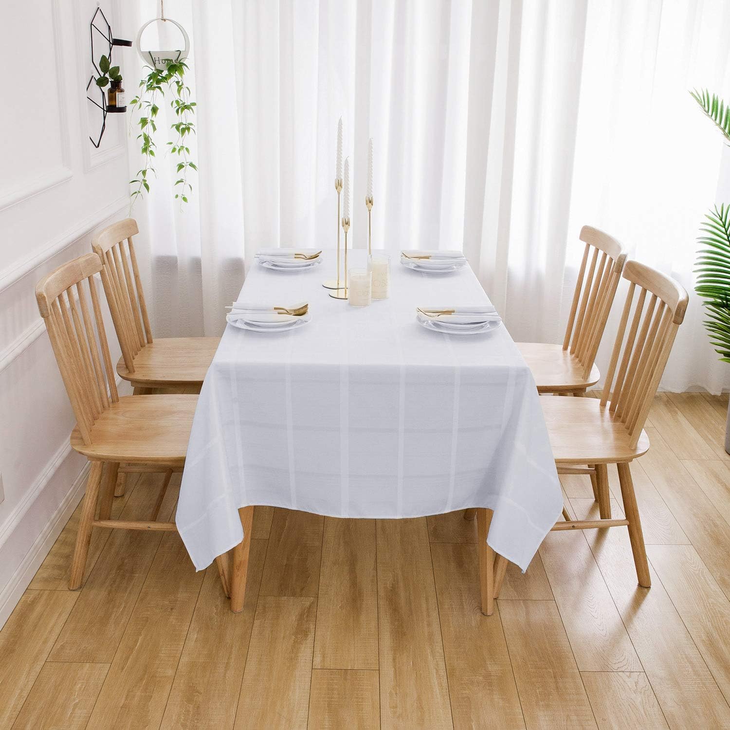 VEEYOO Rectangle Spillproof Table Cloth - 60 x 84 Inch White Striped Tablecloth in Washable Polyester - Stain Resistant Wrinkle Free Tablecloth for Dinner Party Restaurant