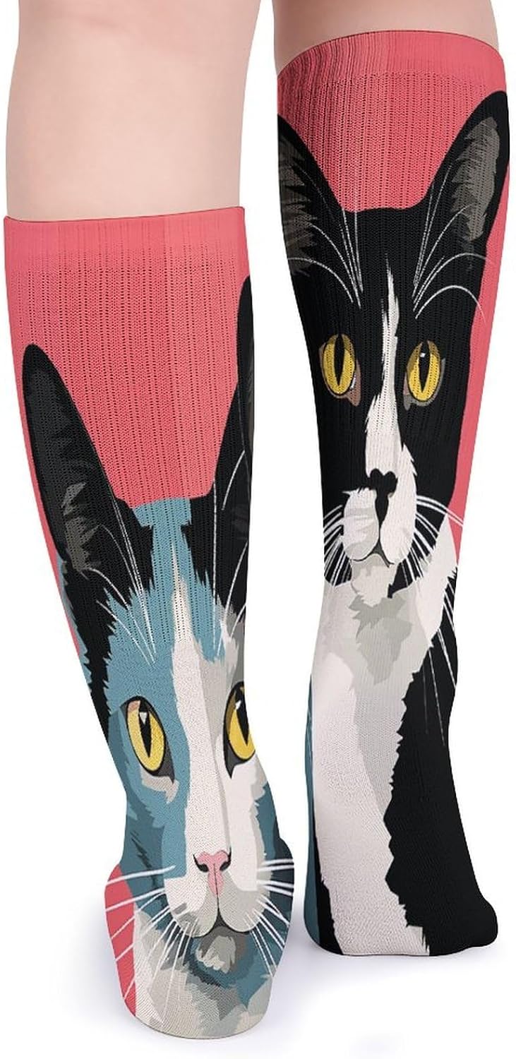 Black And White Cat Knee High Socks Cozy Knee High Socks Soft Mid-Length Sock for All Seasons Daily Wear Adult