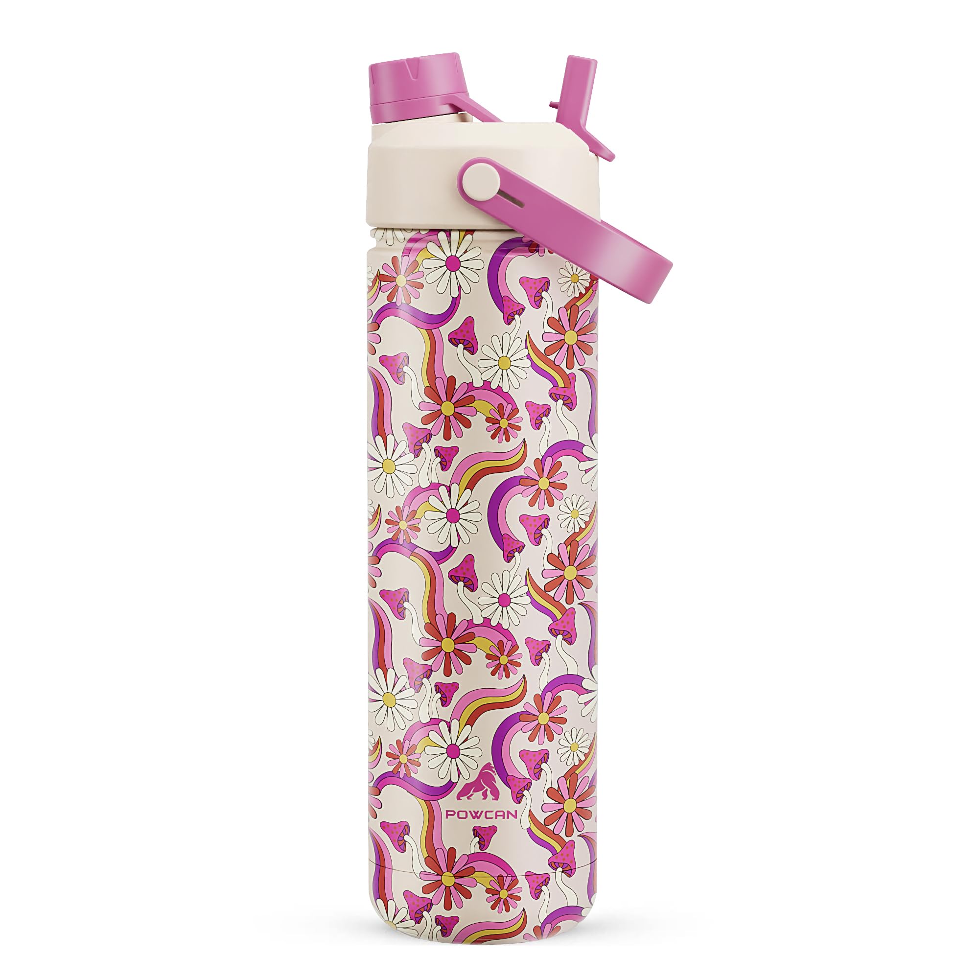 POWCAN 26 oz Insulated Water Bottle with 2-in-1 Straw and Spout Lid, Keep Cold 24H, Leak-Proof, Fits in Car Cup Holder, Stainless Steel Water Bottle for Sports, Travel, Gym, and School (Petal Path)