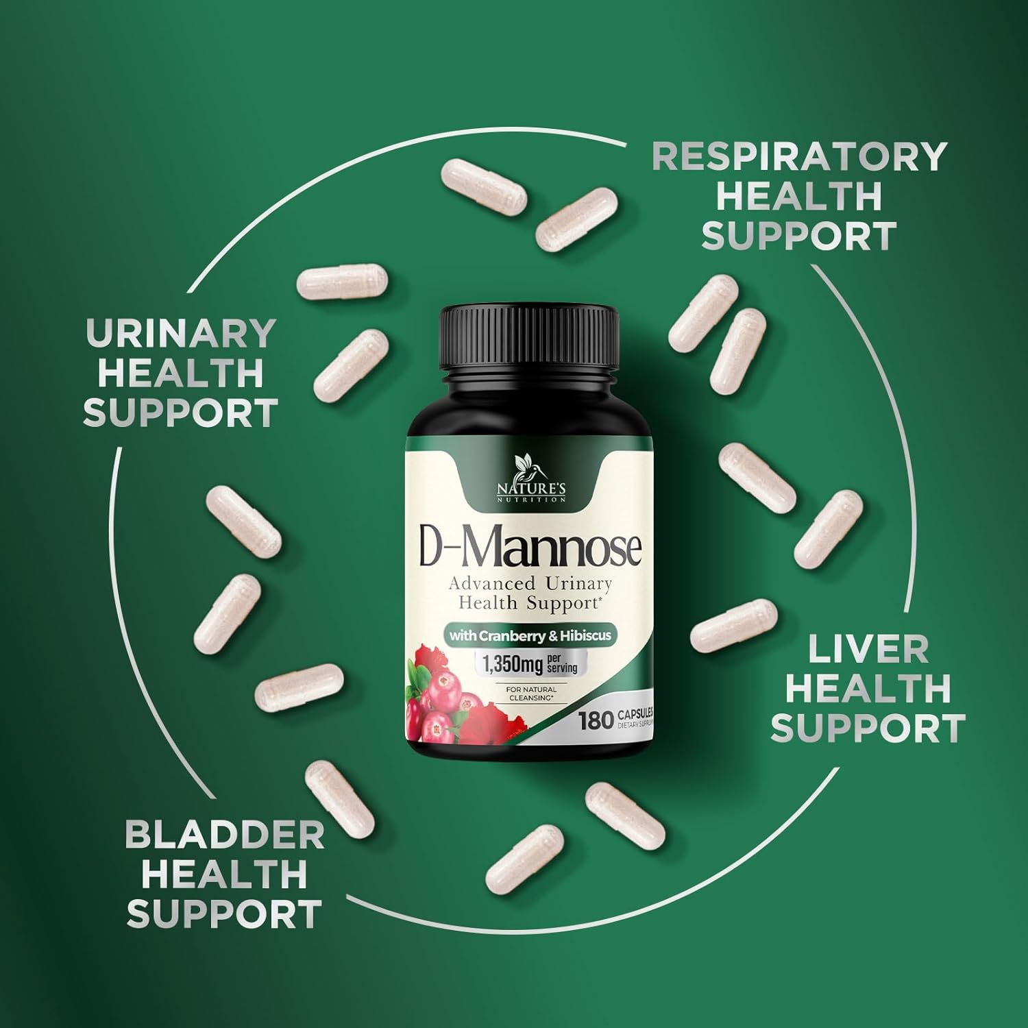 D-Mannose 1000mg Per Serving - Cranberry & Hibiscus - Effective Fast-Acting, Flush The Impurities for Bladder, Urinary Tract Health Support Supplement, for Women and Men, USA Bottled - 180 Capsules