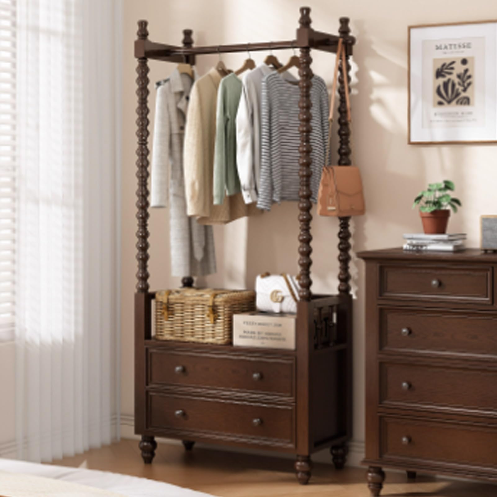 Chinese Clothes Rack Heavy Duty Free Standing Clothing Rack Garment Rack with Storage Cabinet and a Hanging Rod