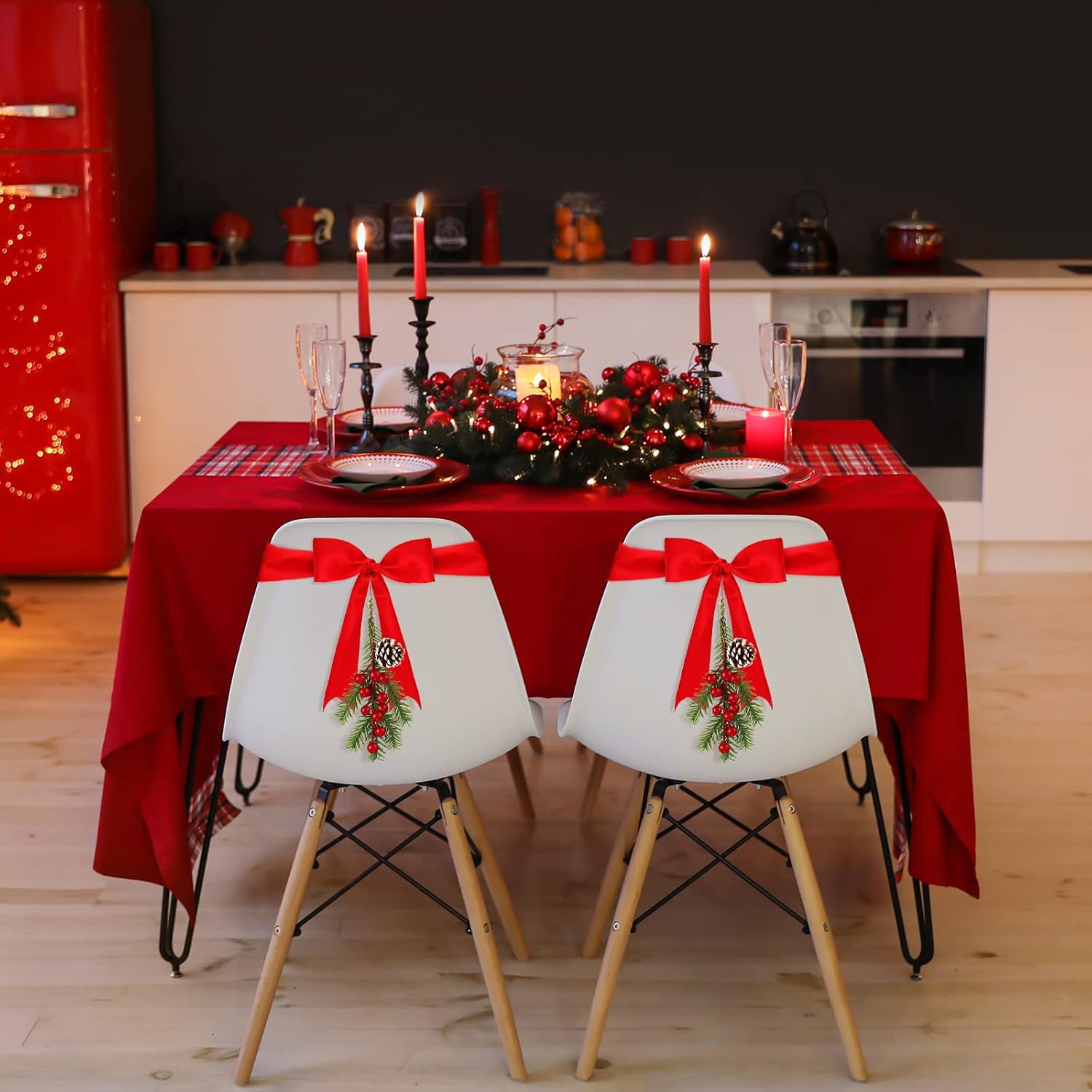 Cindeer 6 Pcs Christmas Chair Decoration, Chair Bow Decorative Sashes Include Red Ribbons and Berries Pine Sashes for Christmas Events Banquet Home Decoration