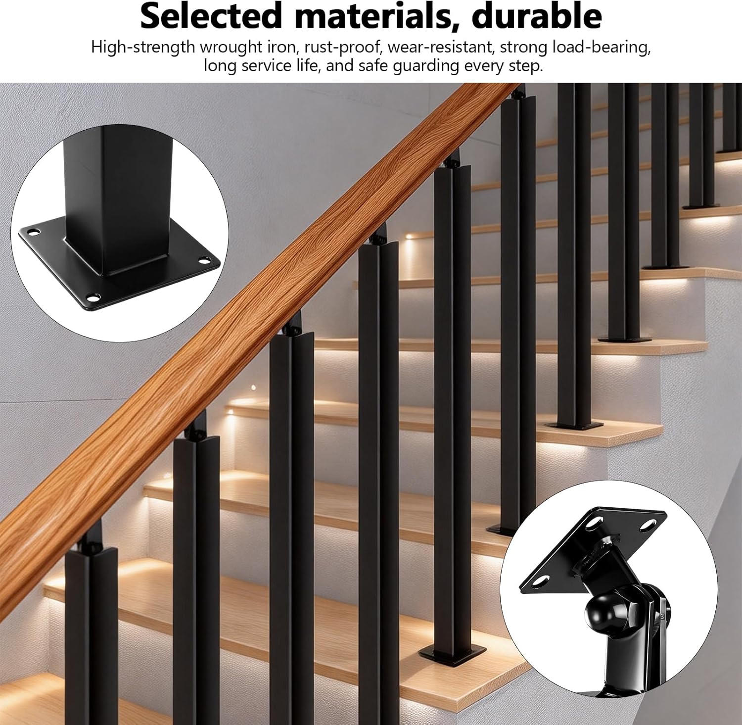 37" Stair Railing Post (Handrail Not Included), Metal Baluster Spindles, Square Metal Baluster Posts with Adjustable Top for Indoor Outdoor Railings Deck Steps Garden-Black